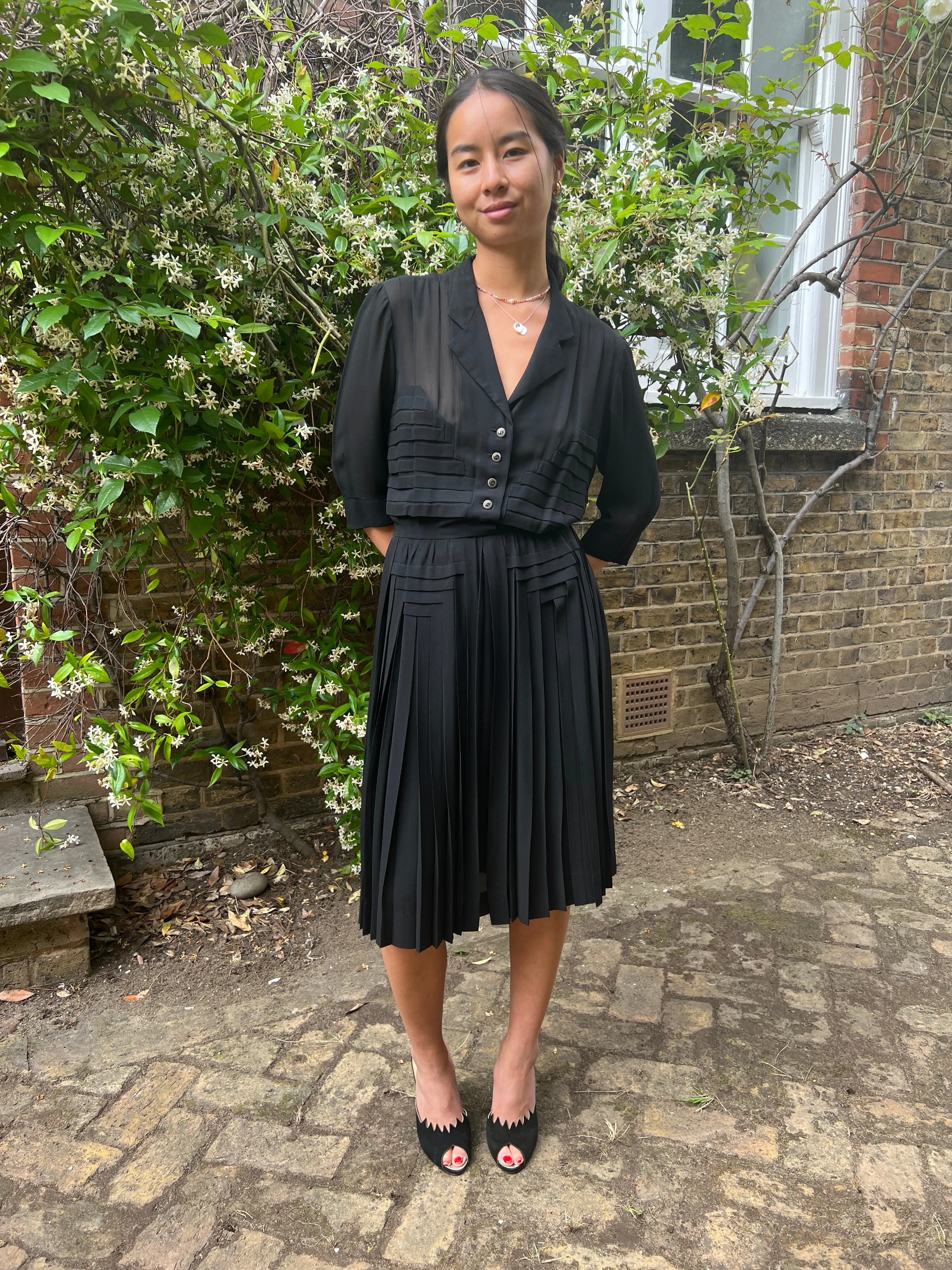 1940s Haute Couture Black Silk Dress