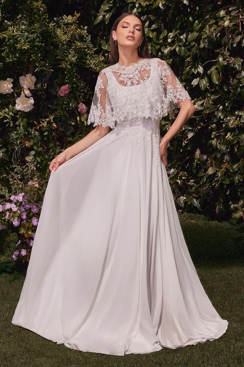 A-LINE CHIFFON BRIDAL GOWN WITH REMOVABLE CAPE CDCDS503W