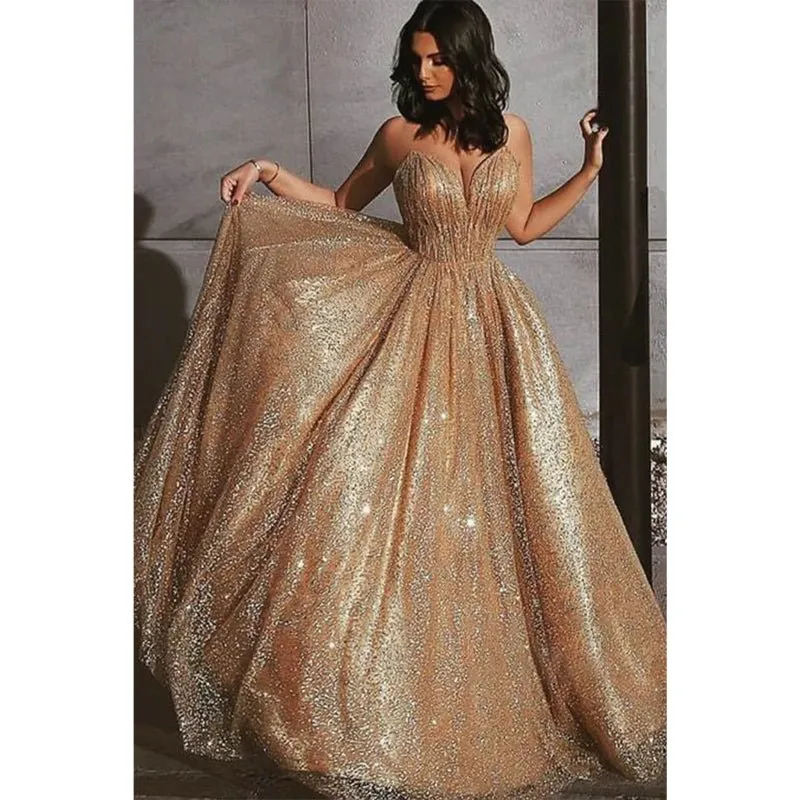 A-line V-neck Gold Sequins Sparkle Prom Dress Formal Evening Gowns