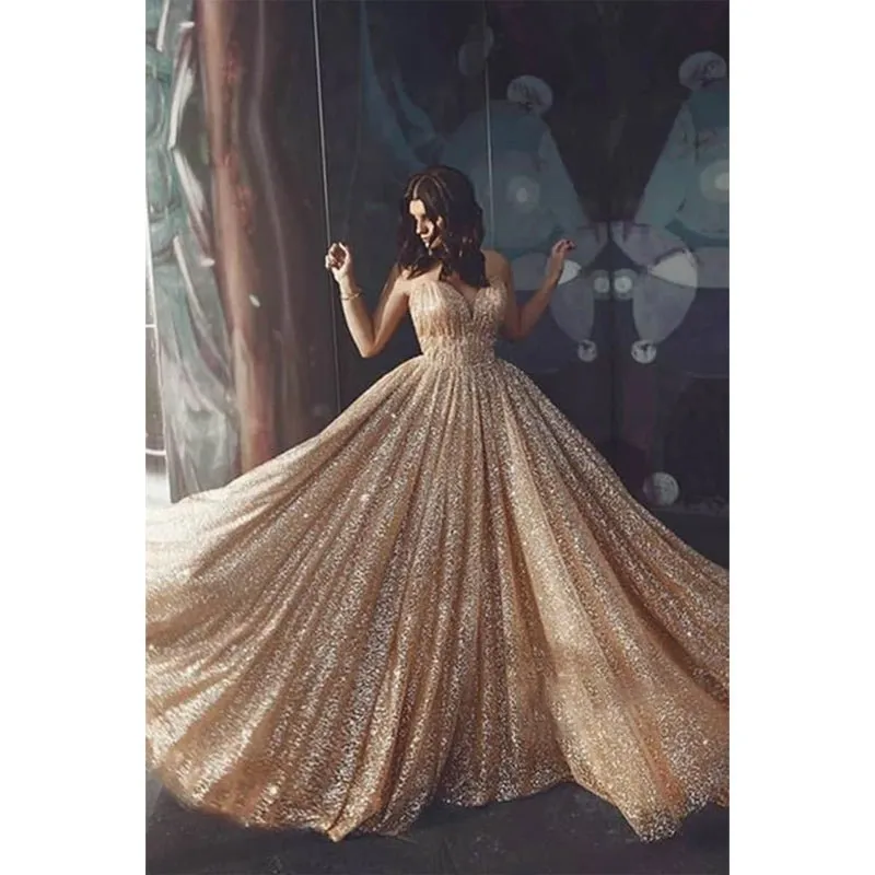 A-line V-neck Gold Sequins Sparkle Prom Dress Formal Evening Gowns