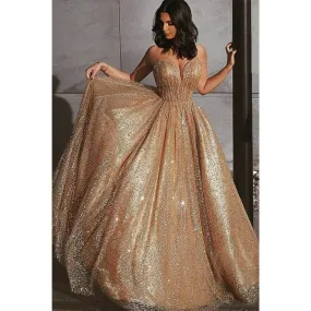 A-line V-neck Gold Sequins Sparkle Prom Dress Formal Evening Gowns