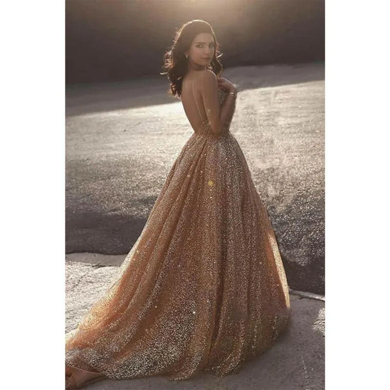 A-line V-neck Gold Sequins Sparkle Prom Dress Formal Evening Gowns