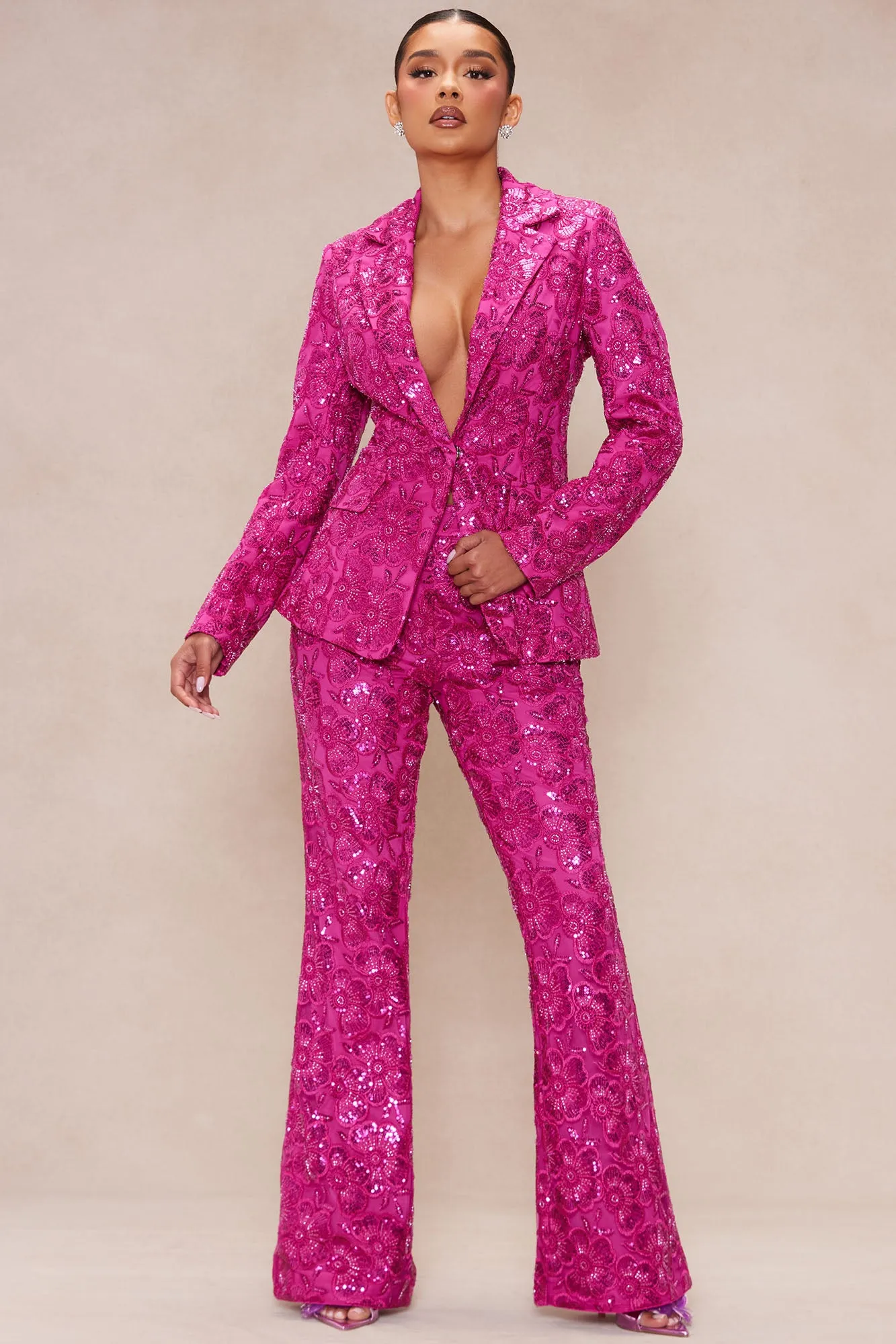 Adriannna Embroidered Sequin Blazer - Fuchsia