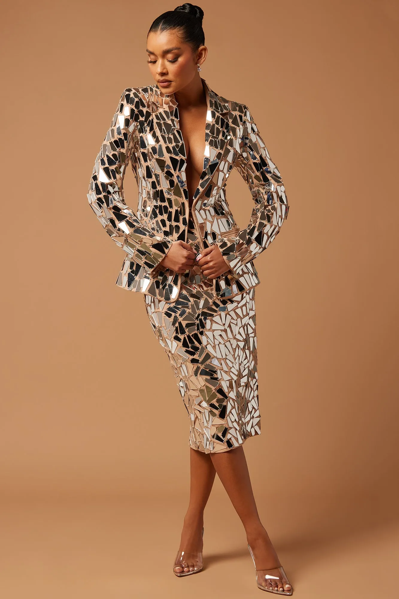 Alma Embellished Mirror Blazer - Nude