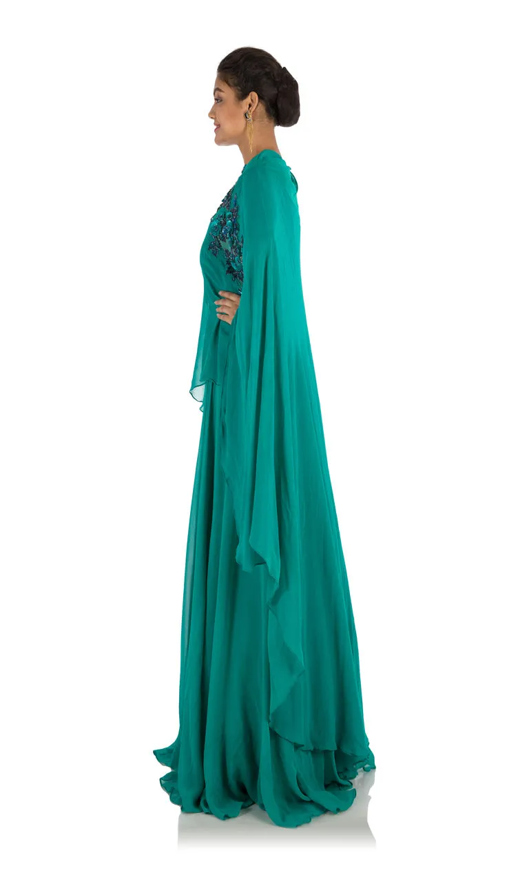 Anju Agarwal Pine Green Long Cape Gown
