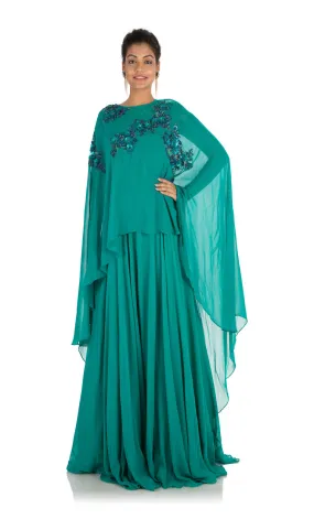 Anju Agarwal Pine Green Long Cape Gown