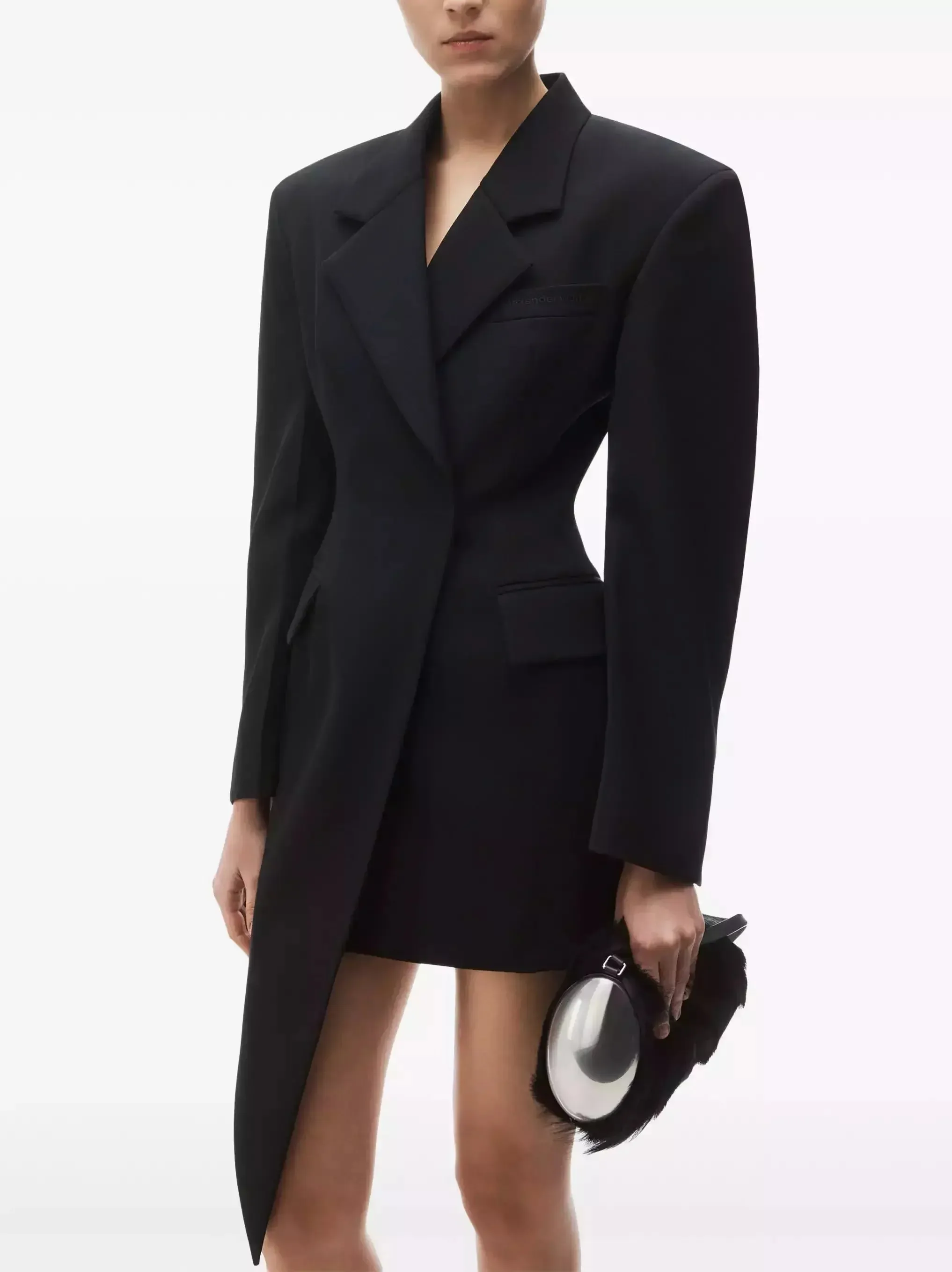 Asymmetrical Black Wool-Blend Blazer Mini Dress