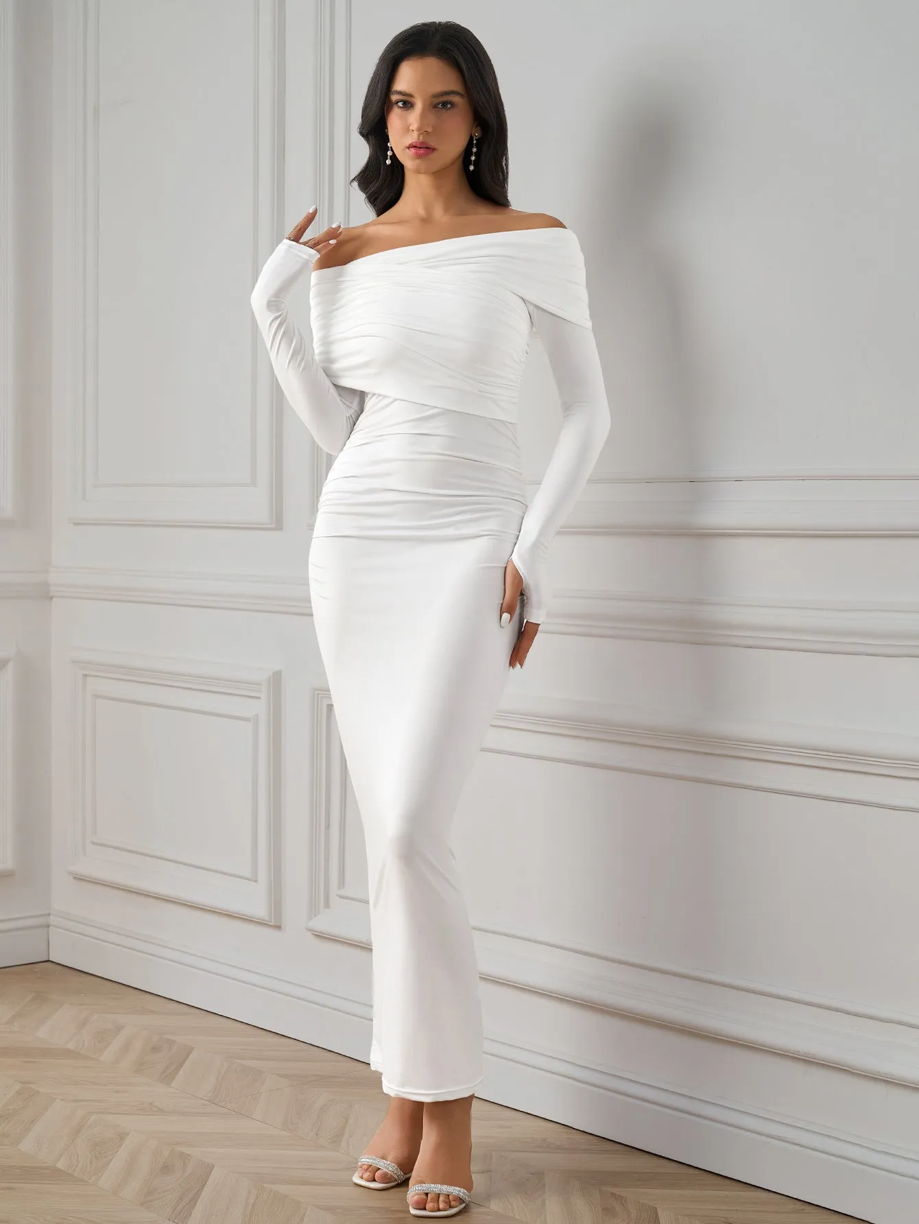 Asymmetrical Shoulder Ruched Backless Bodycon Dress