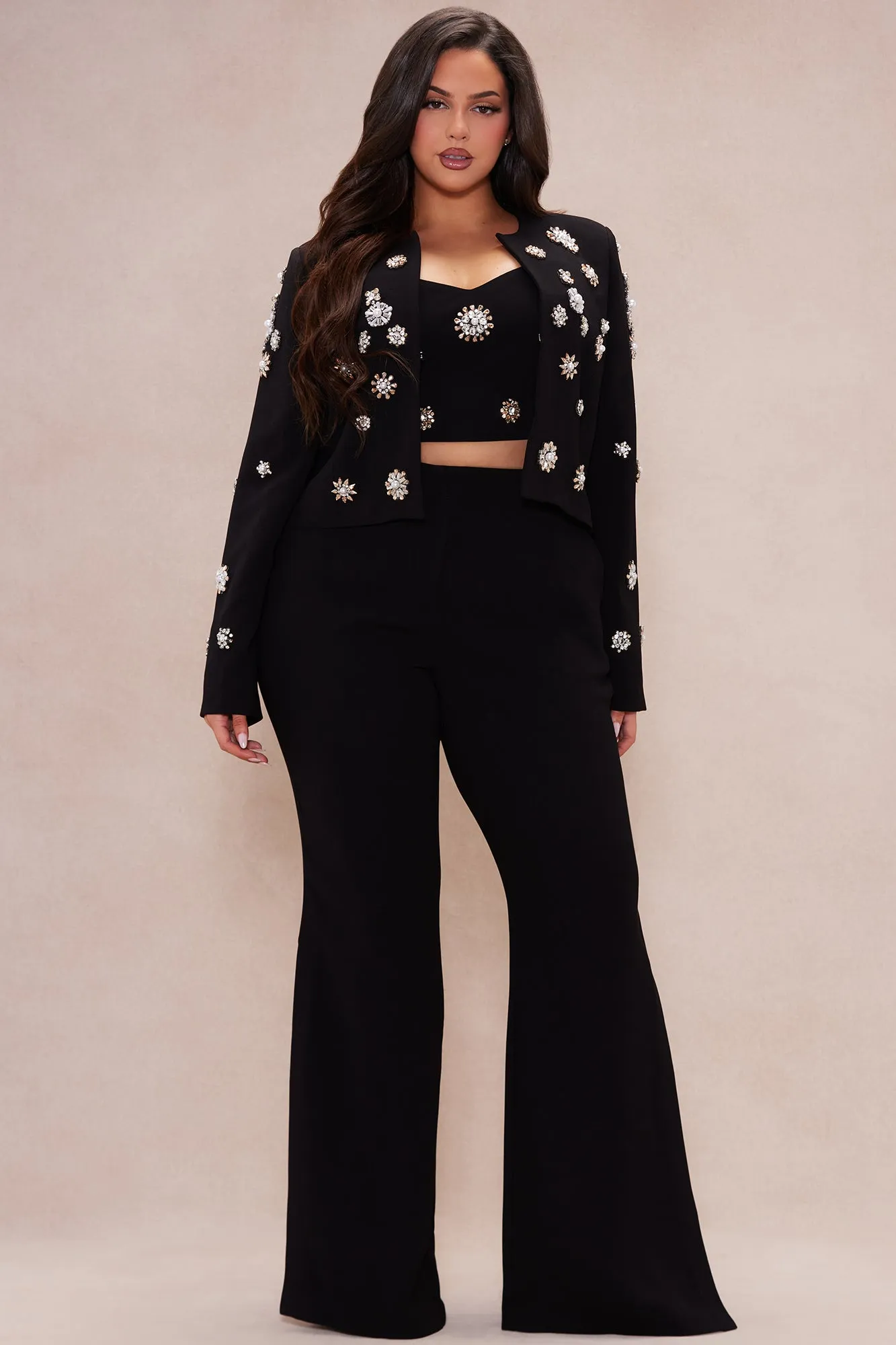 Avah Embellished Blazer Suit Set - Black