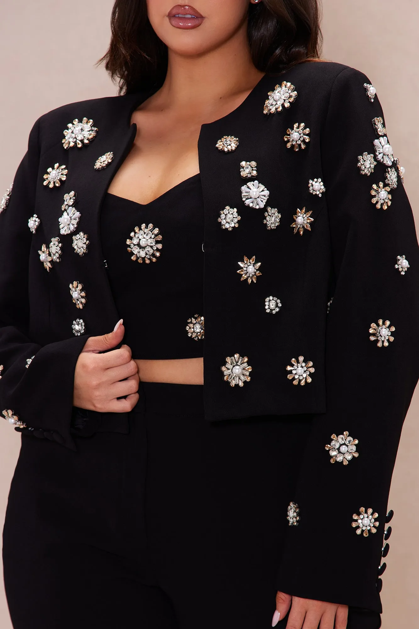 Avah Embellished Blazer Suit Set - Black