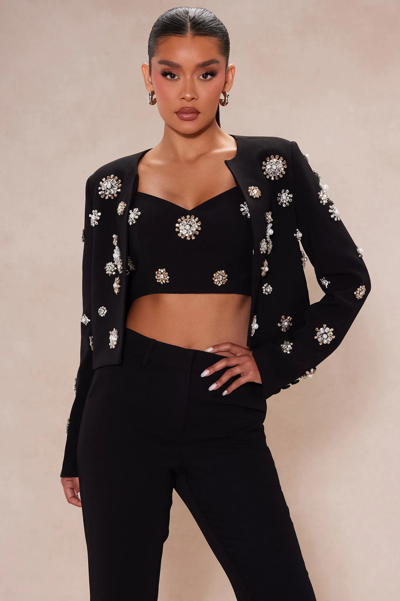 Avah Embellished Blazer Suit Set - Black