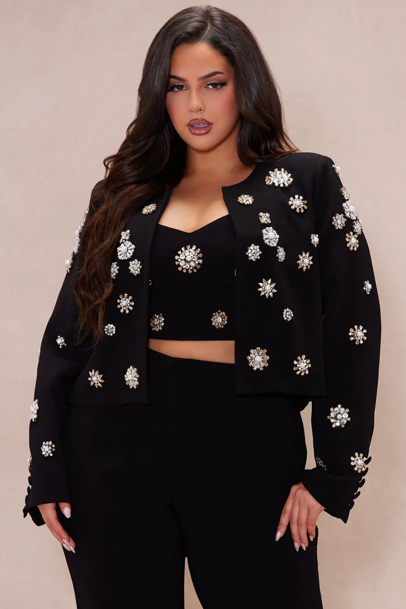 Avah Embellished Blazer Suit Set - Black