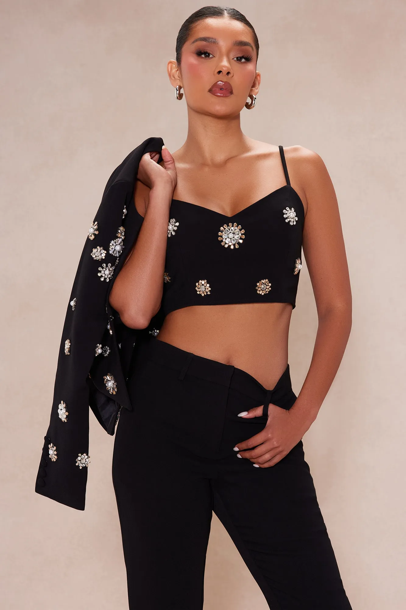 Avah Embellished Blazer Suit Set - Black
