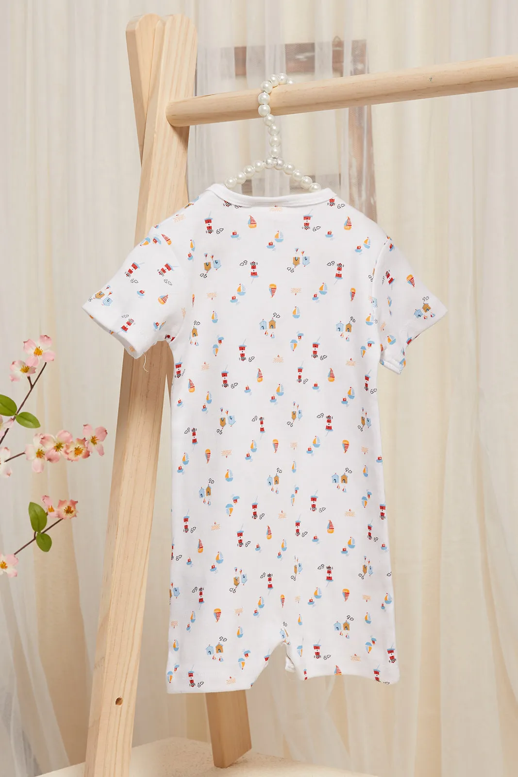 Baby Blue And White Printed Bodysuit Set (Pack Of 2)