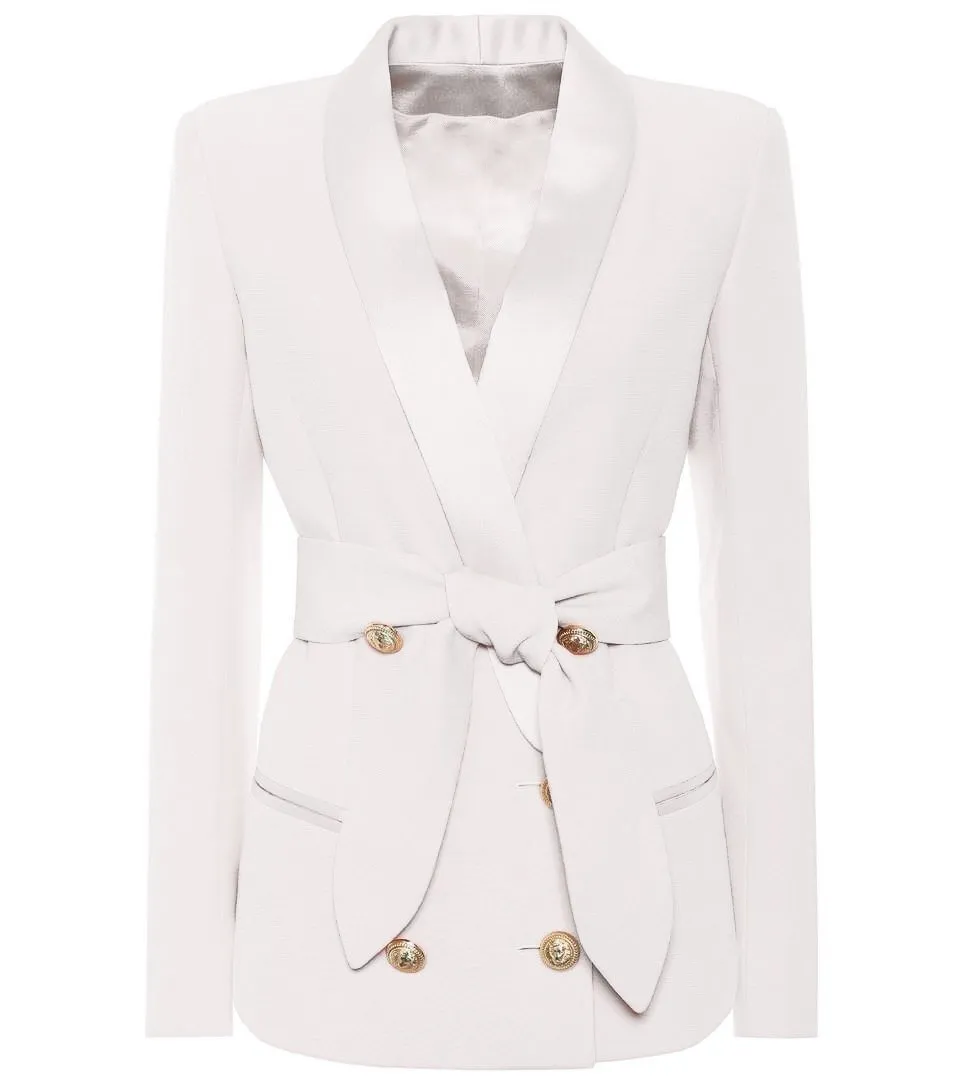 Belted Double Breasted Gold Button Blazer (Black & White)