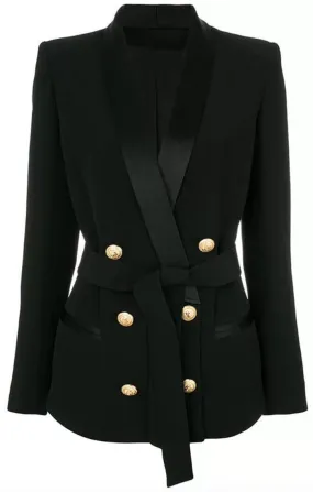 Belted Double Breasted Gold Button Blazer (Black & White)