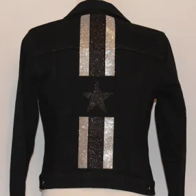 Black Denim Jacket with Glitter Stripes and Star
