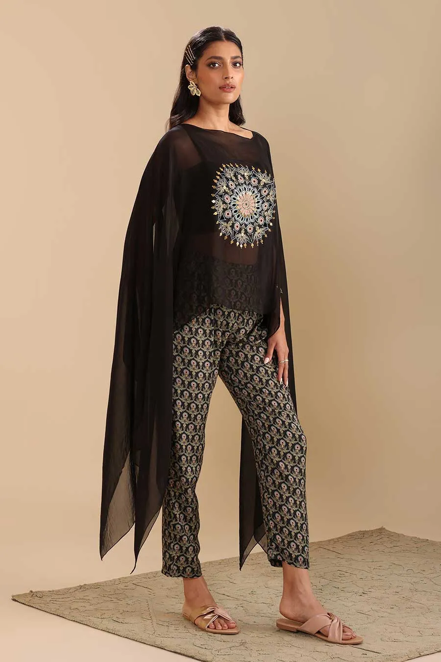 Black Eraya Printed Top, Pant & Cape Set