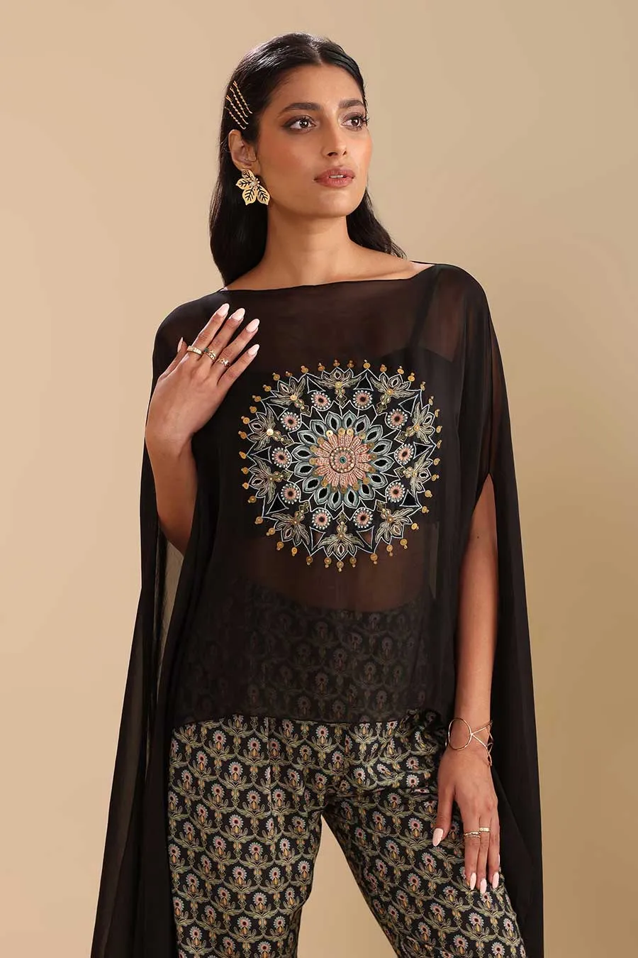 Black Eraya Printed Top, Pant & Cape Set
