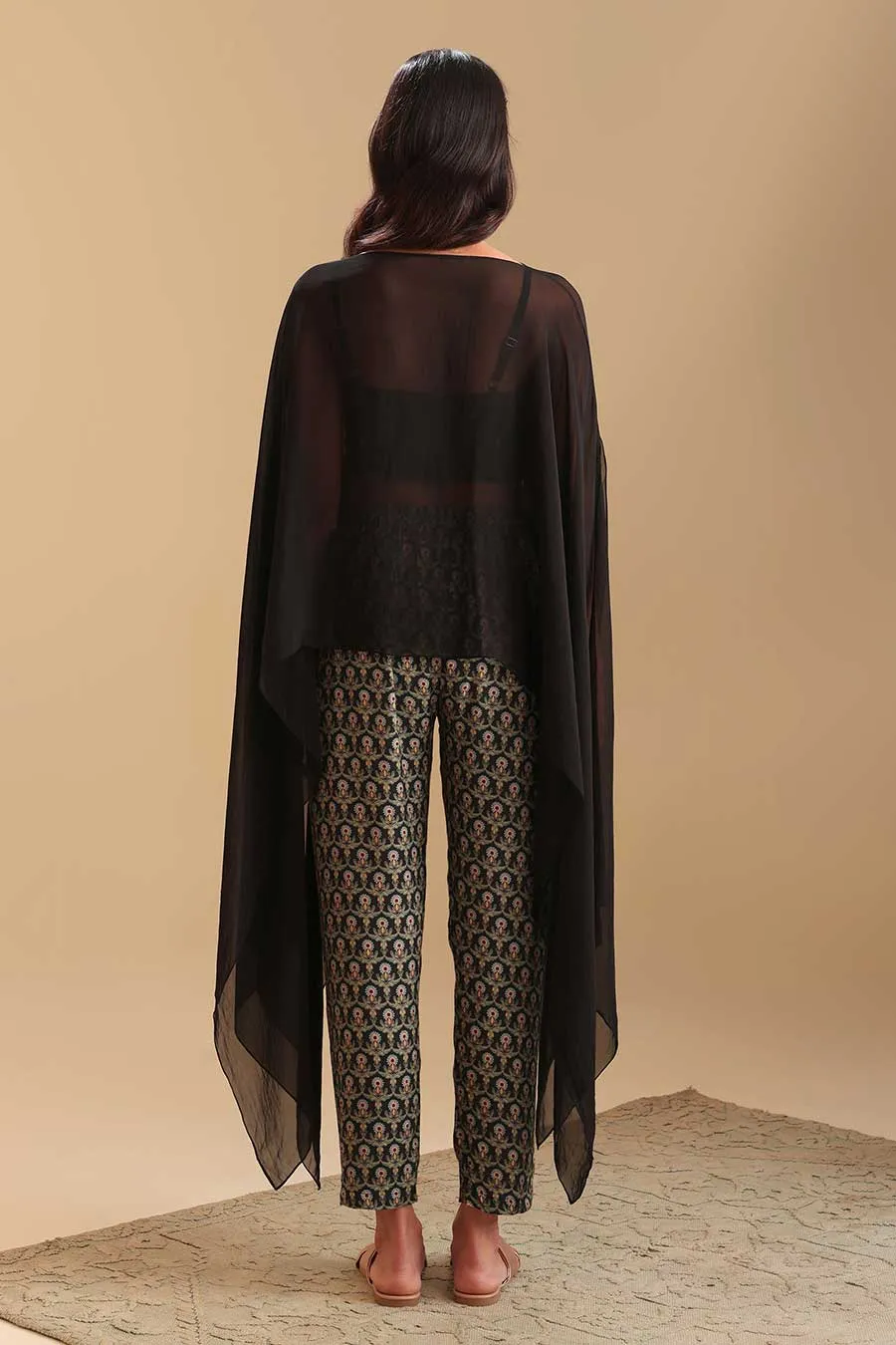 Black Eraya Printed Top, Pant & Cape Set