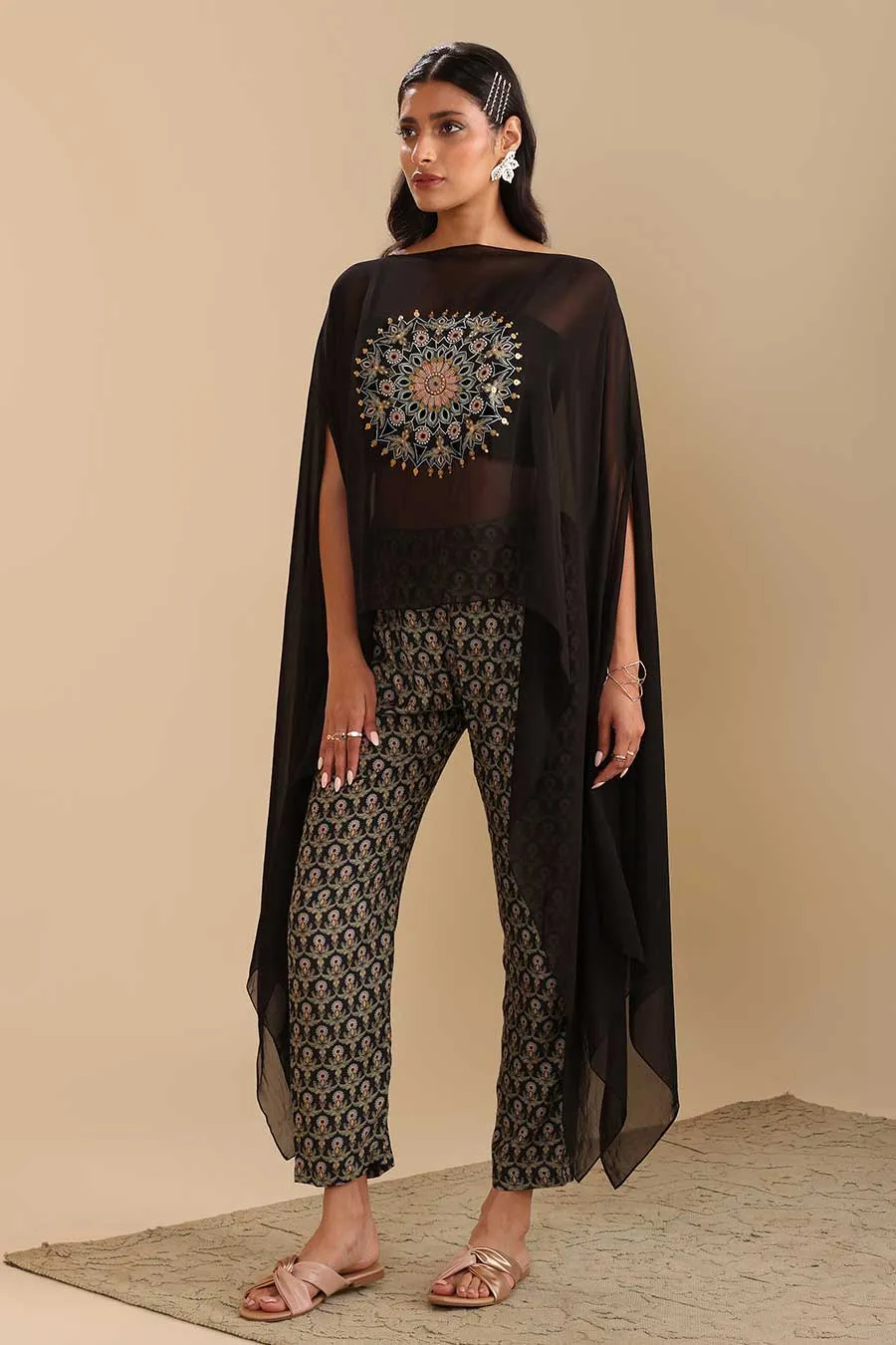 Black Eraya Printed Top, Pant & Cape Set