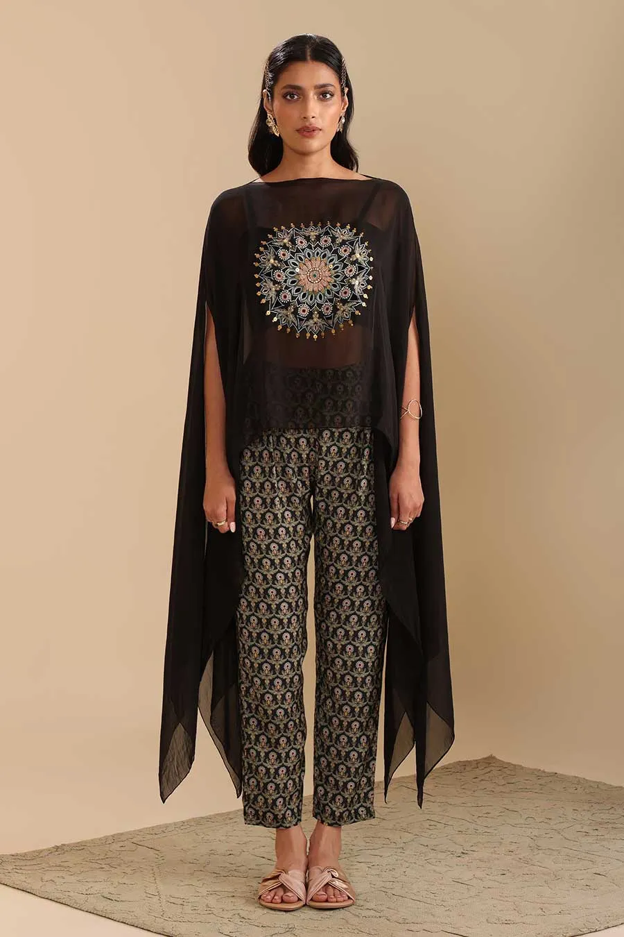 Black Eraya Printed Top, Pant & Cape Set