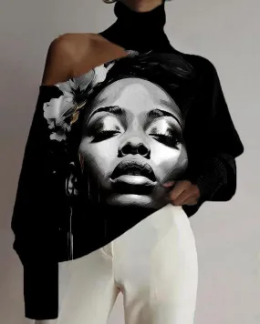 Black Girl Personality Oil Painting Print Hollowed Out High Neck Top