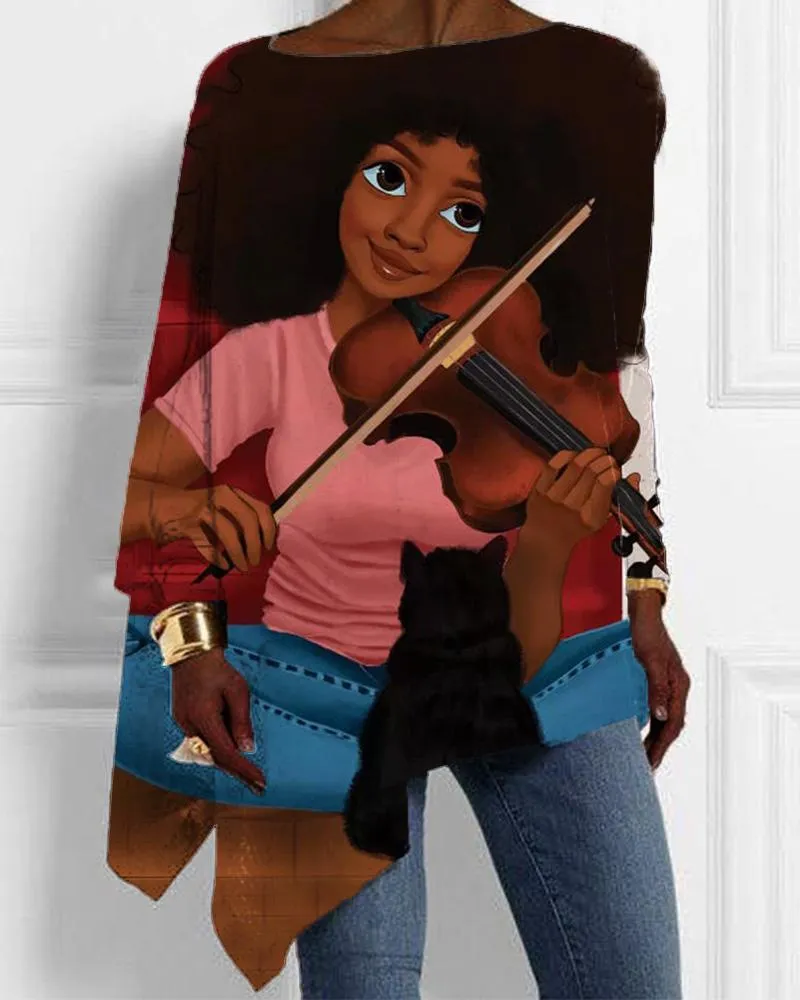 Black Girl Violin Art Print with Irregular Hem Ladies Top