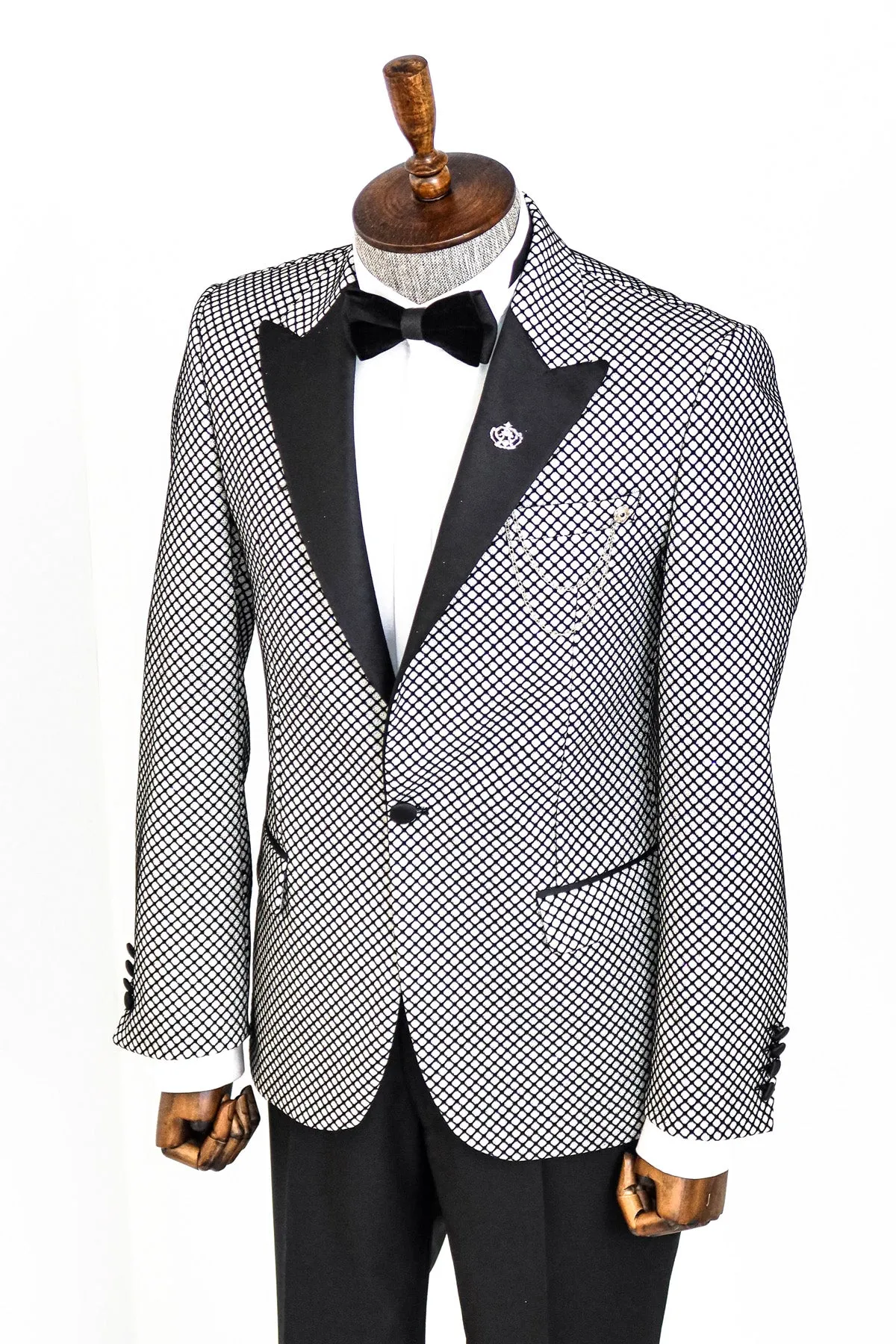 Black Patterned Over White Men Party Blazer - Wessi