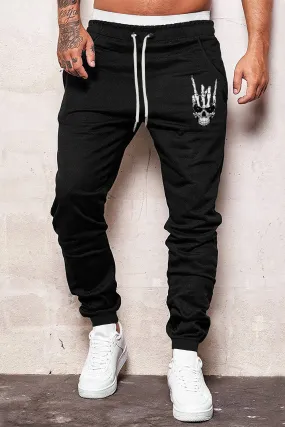 Black Skull Skeleton Print Drawstring Pockets Men's Sweatpants