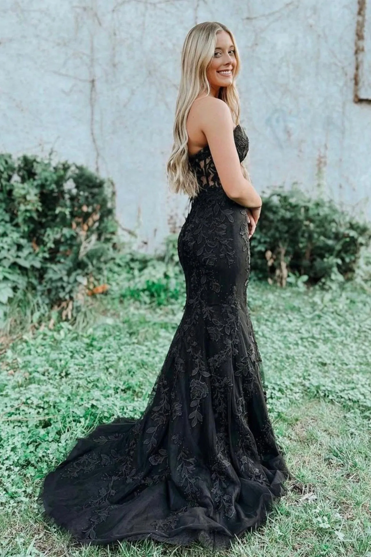 Black Strapless Lace Floor Length Prom Dress