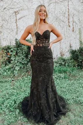 Black Strapless Lace Floor Length Prom Dress
