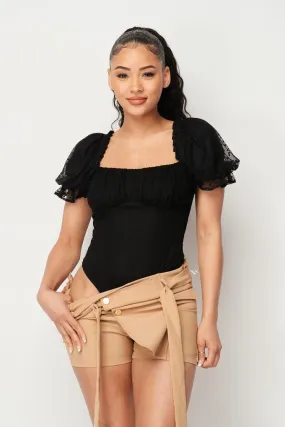 Black Women's Luxe Polkadot Stretch Mesh Puff Sleeve Bodysuit