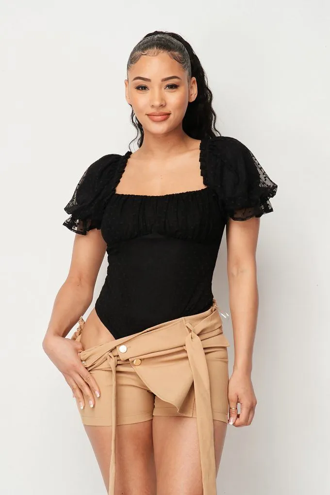 Black Women's Luxe Polkadot Stretch Mesh Puff Sleeve Bodysuit