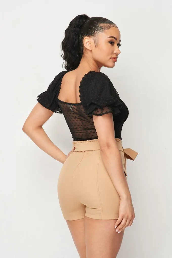 Black Women's Luxe Polkadot Stretch Mesh Puff Sleeve Bodysuit