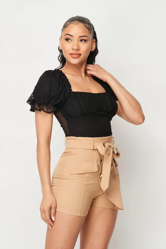 Black Women's Luxe Polkadot Stretch Mesh Puff Sleeve Bodysuit
