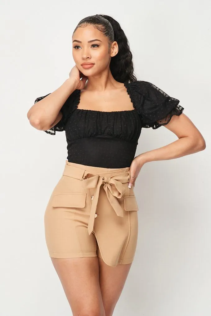 Black Women's Luxe Polkadot Stretch Mesh Puff Sleeve Bodysuit