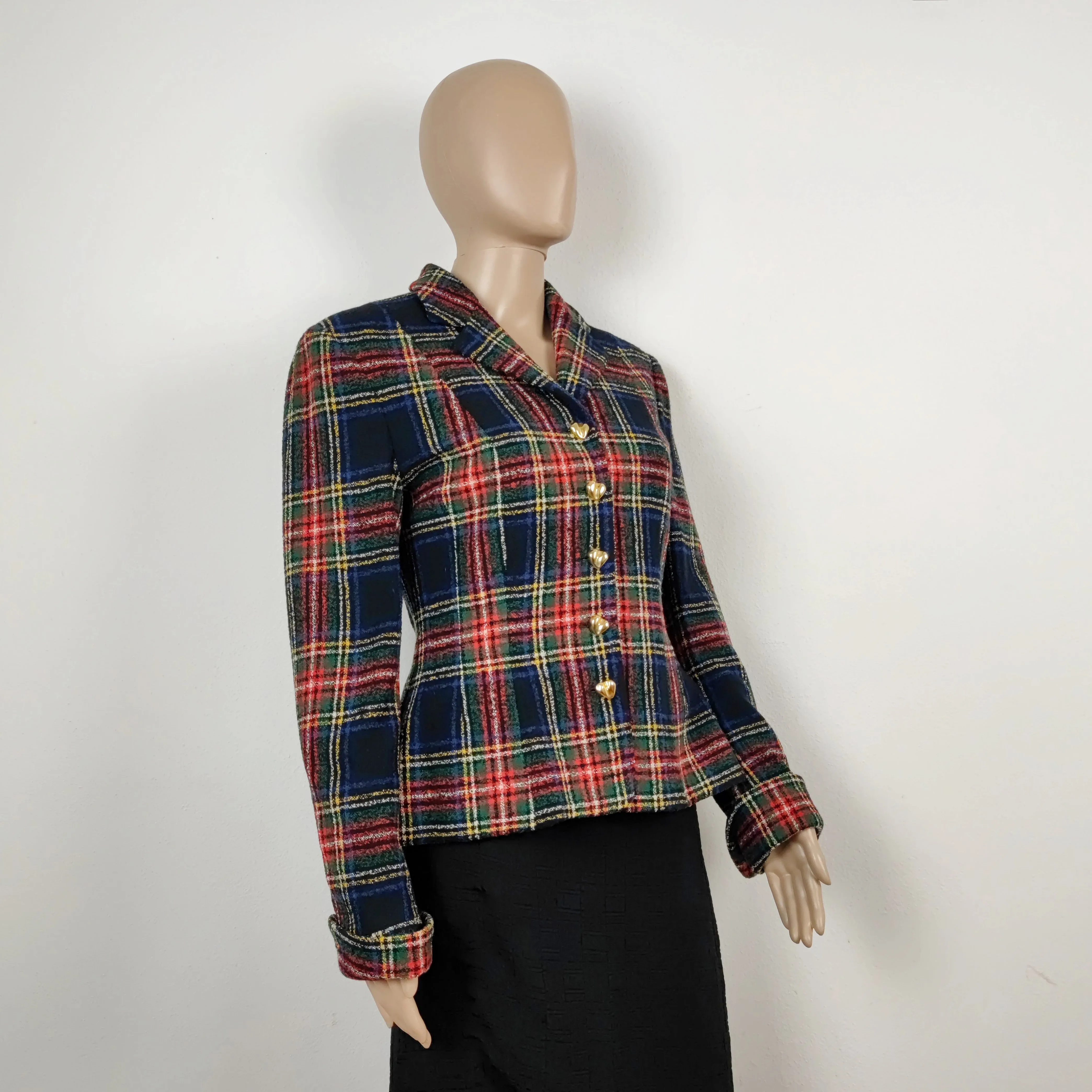 Blazer Moschino couture tartan bottoni cuore oro