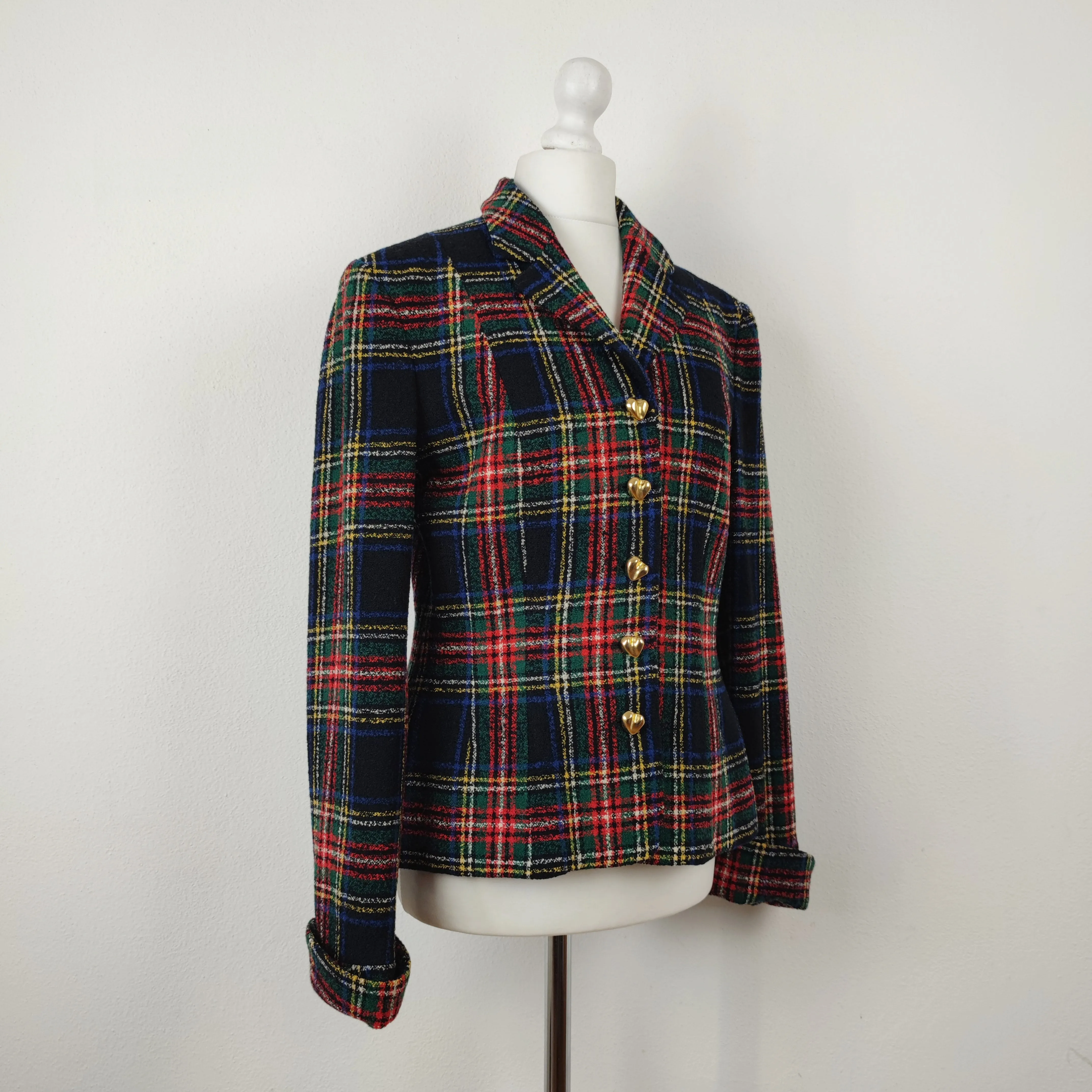 Blazer Moschino couture tartan bottoni cuore oro