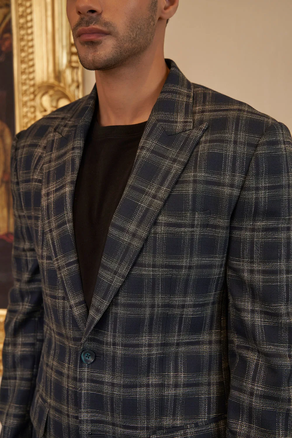 Blue Windowpane Checks Wool Jacket