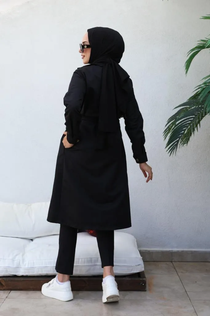 BNG Women Boyfriend Hijab Trench Coat Black - Clermont