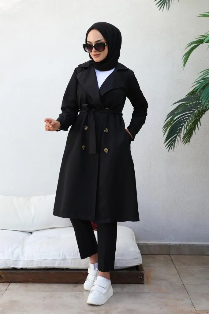 BNG Women Boyfriend Hijab Trench Coat Black - Clermont