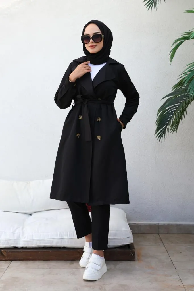 BNG Women Boyfriend Hijab Trench Coat Black - Clermont
