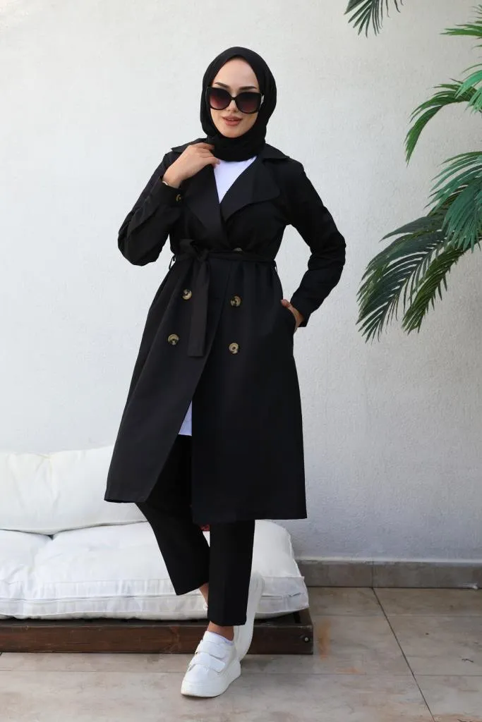 BNG Women Boyfriend Hijab Trench Coat Black - Clermont