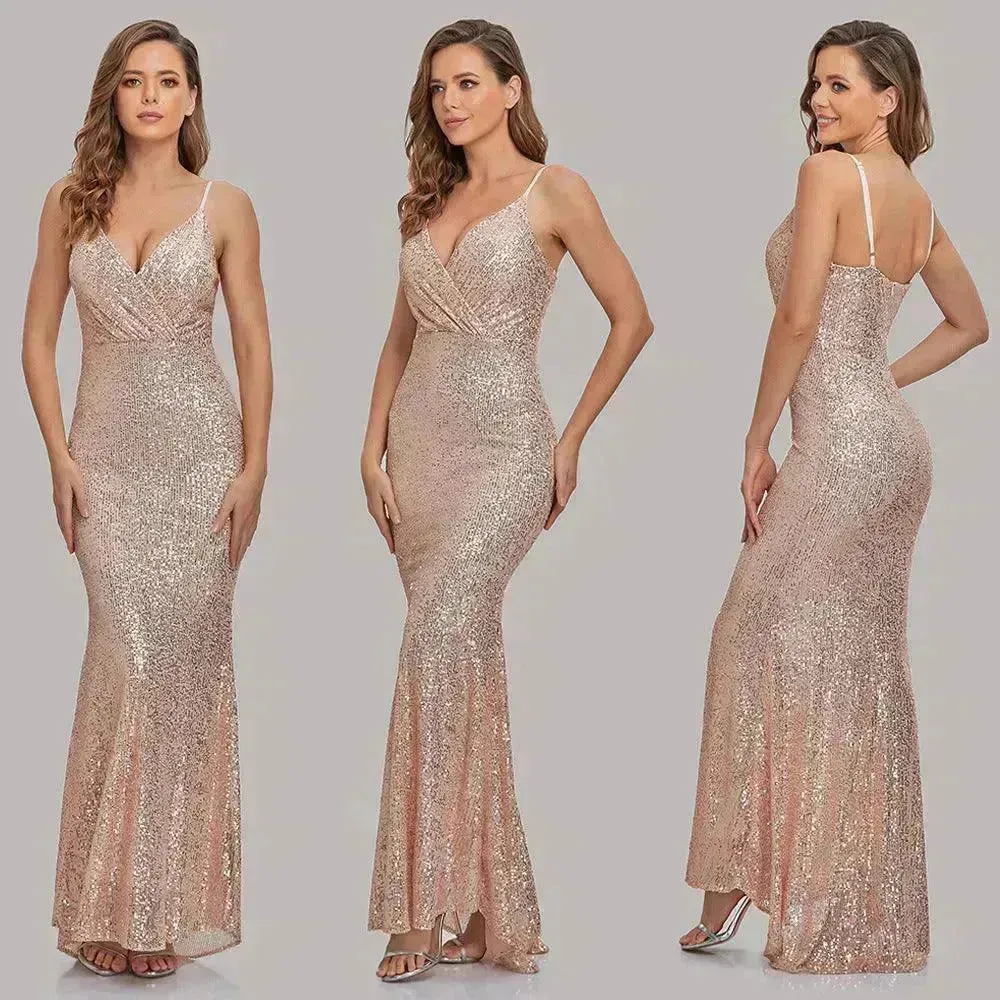 Body Fitted Wedding Bridesmaid Party Sequined Champagne lovely Long Dress