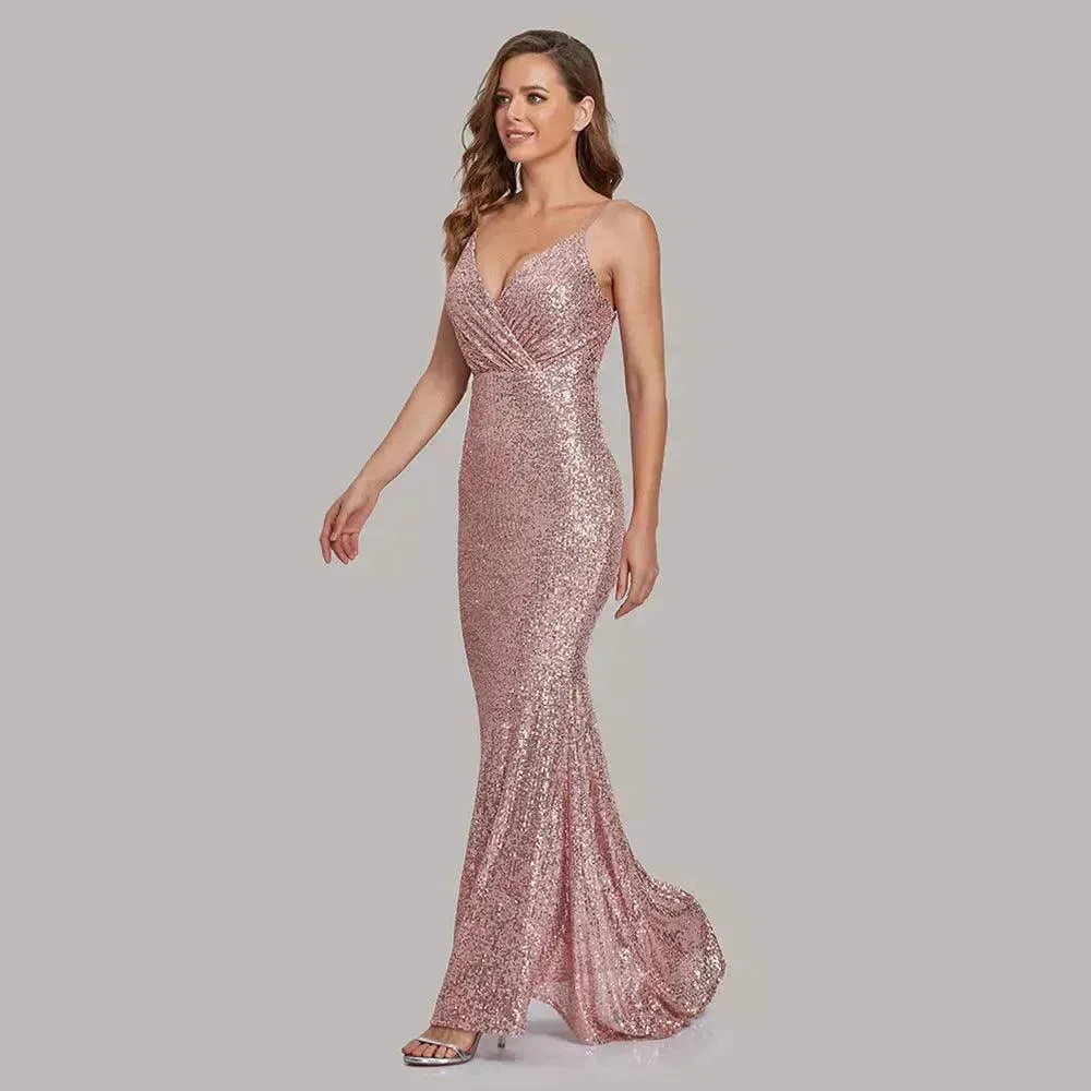 Body Fitted Wedding Bridesmaid Party Sequined Champagne lovely Long Dress