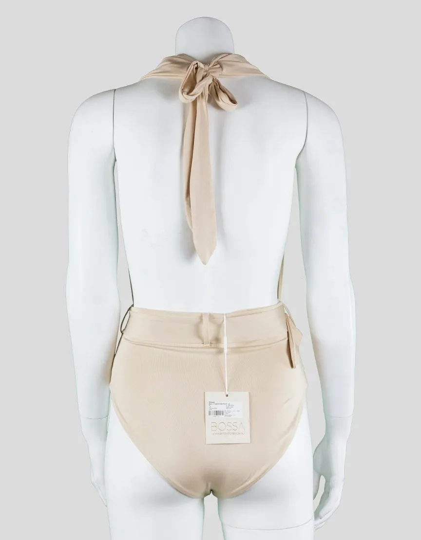 Bossa Pianosa Bodysuit With Cowl Neck Backless Halter And Gold Accented Belt X-Small