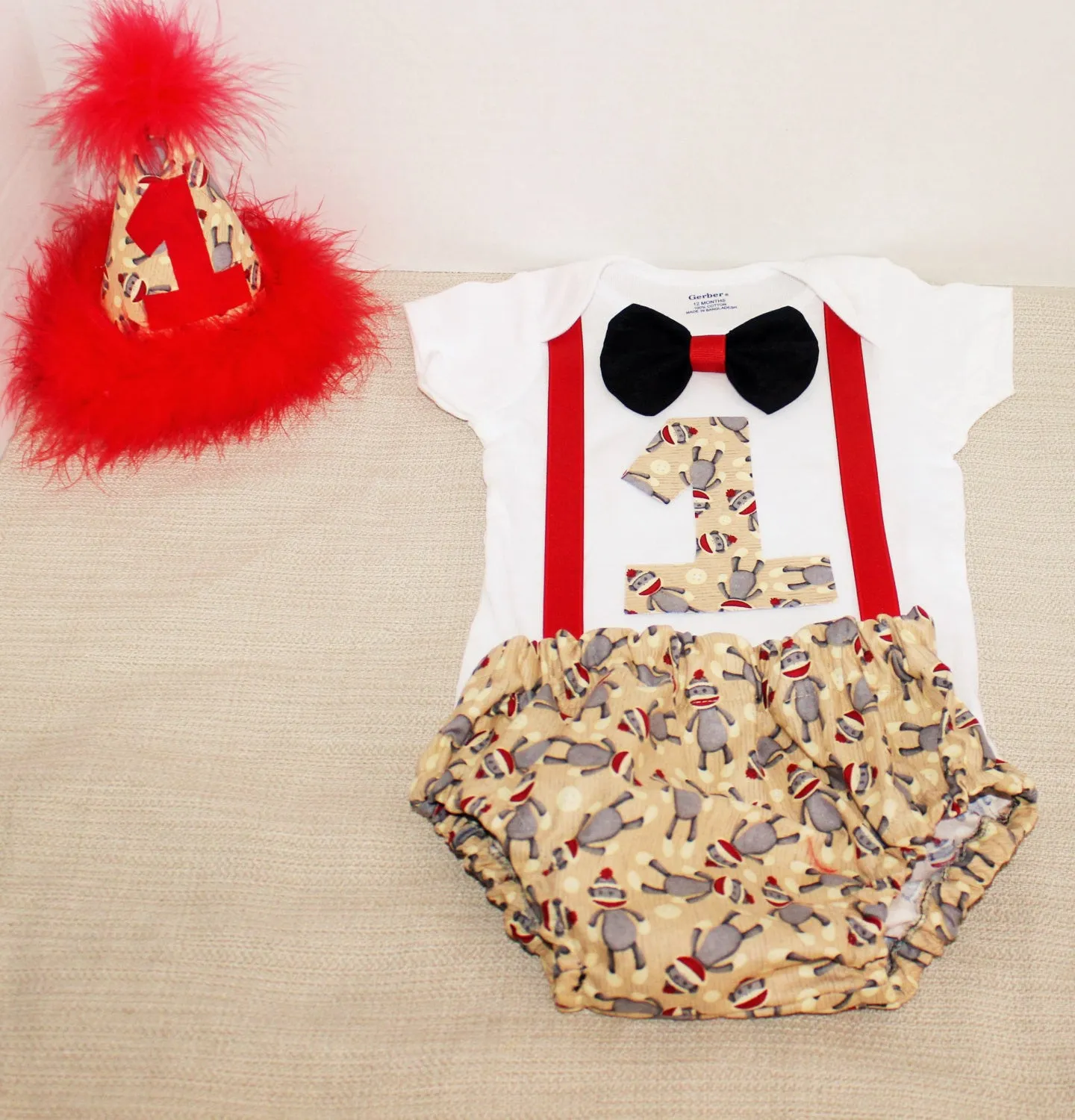 Boy Sock Monkey cake smash outfit with party hat, Sock monkey outfit, 1st 2nd 3rd  birthday, Boys cake smash outfit, Sock Monkey tie
