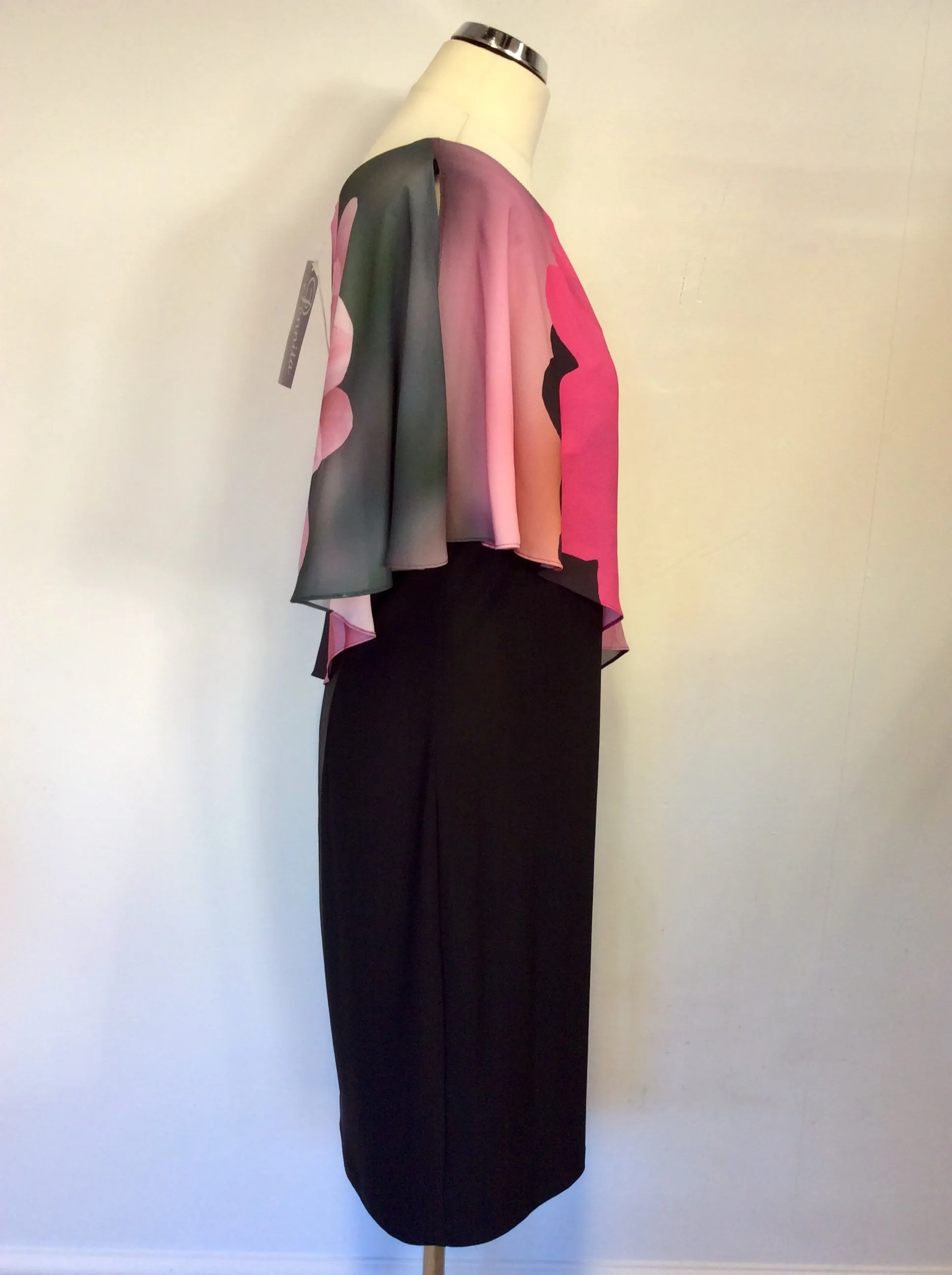 BRAND NEW FRANK LYMAN BLACK & PINK FLORAL FAUX CAPE DRESS SIZE 16