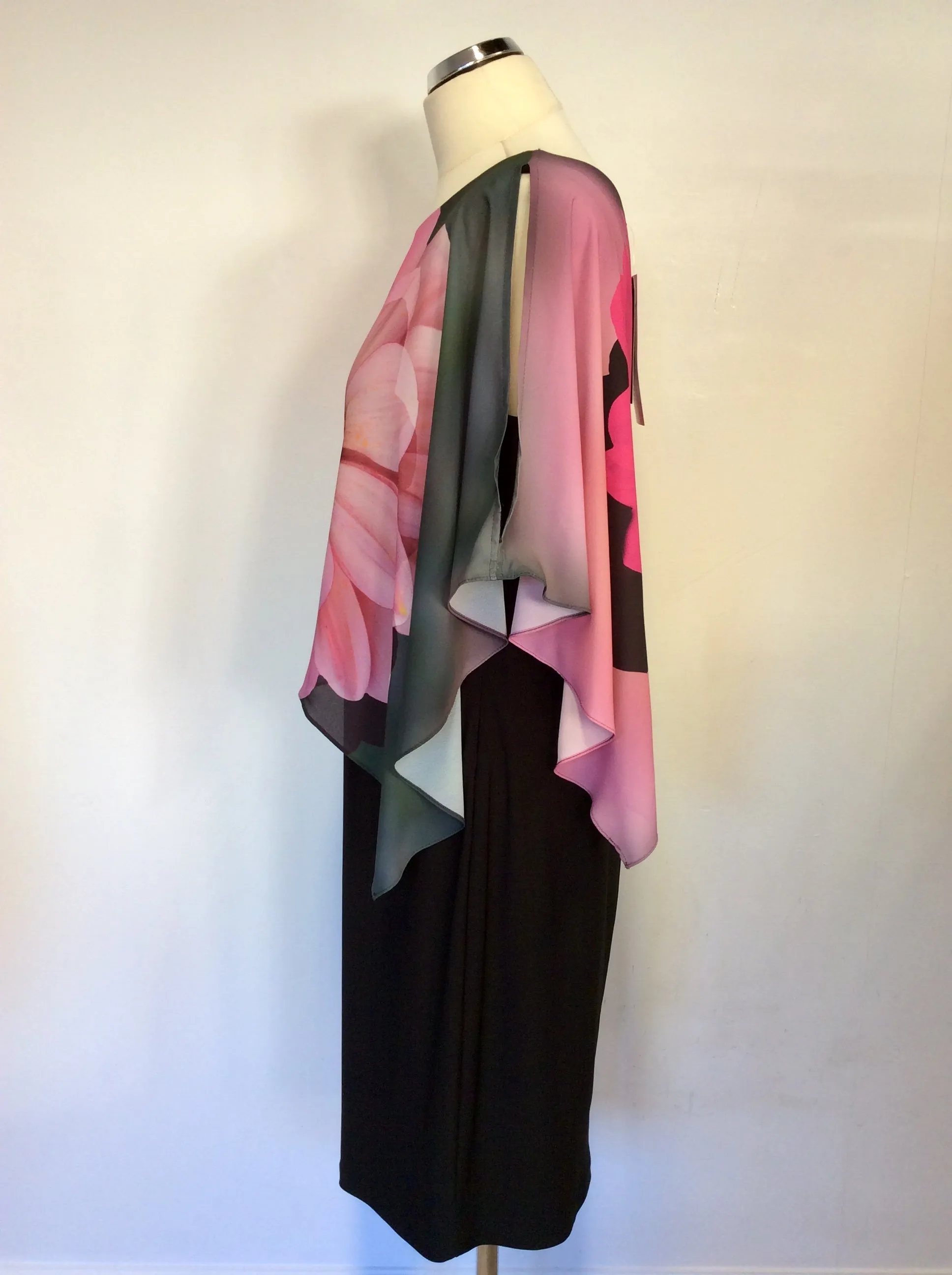 BRAND NEW FRANK LYMAN BLACK & PINK FLORAL FAUX CAPE DRESS SIZE 16